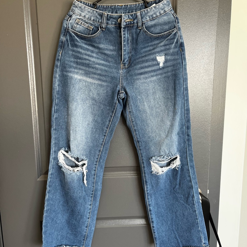 SHEIN Blue Boyfriend Jeans Distressed Relaxed Fit